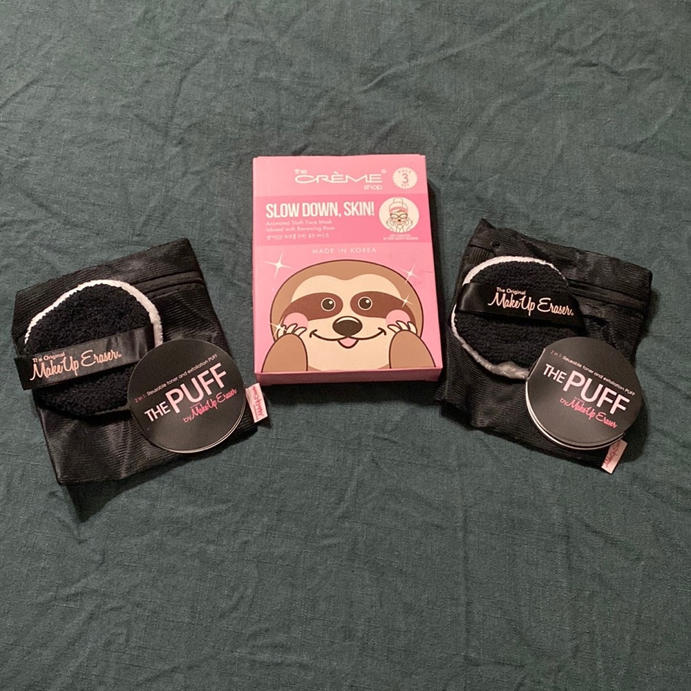 The Puff by Original Makeup Eraser and The Crème Shop Korean Face Masks